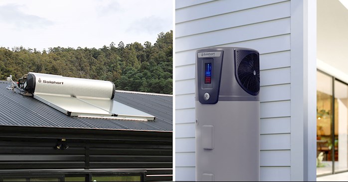 solahart solar hot water heater and roof mounted system on roof
